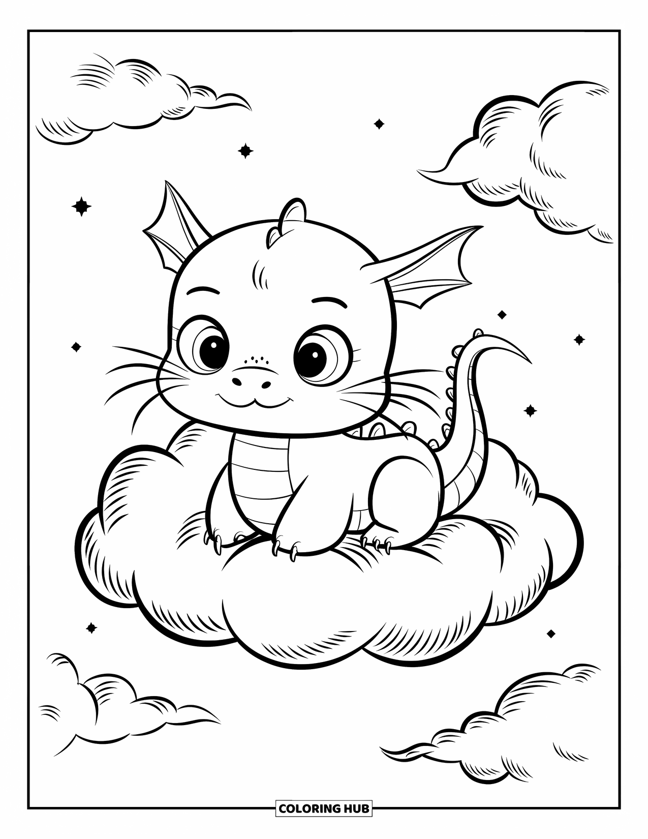 Chinese Dragon Coloring Page for Kids: A baby Chinese dragon sits on a fluffy cloud smiling brightly