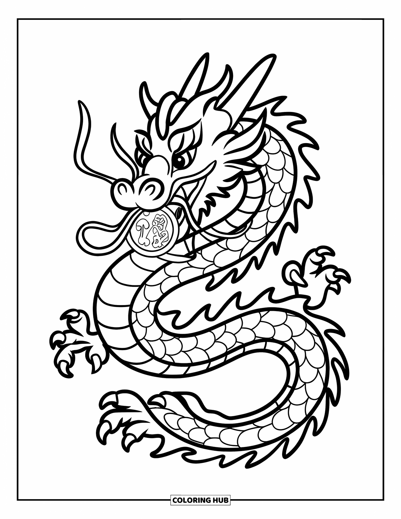 Chinese Dragon Coloring Page for Kids: A bold Chinese dragon curls around a large lucky coin with joy