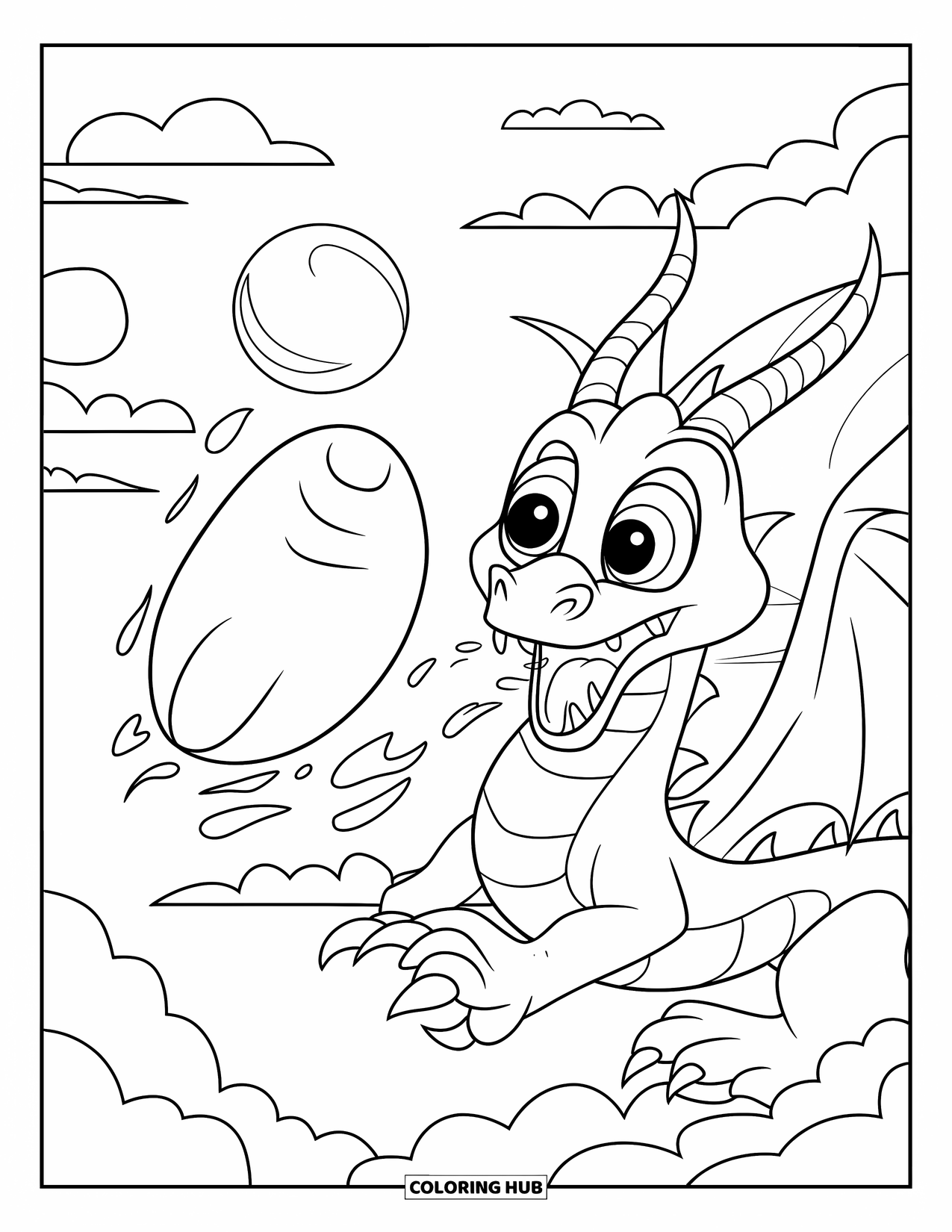 Chinese Dragon Coloring Page for Kids: A cartoon Chinese dragon breathes fire while chasing a floating lantern