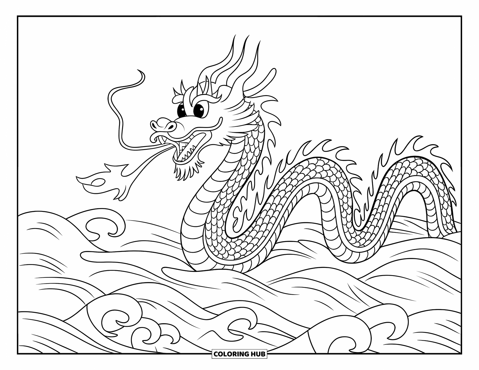 Chinese Dragon Coloring Page for Kids: A Chinese dragon bursts from ocean waves, breathing fire into the sky