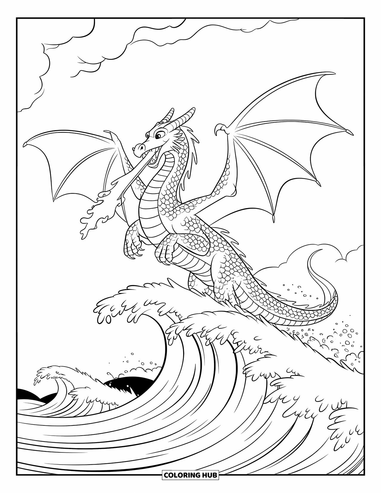 Chinese Dragon Coloring Page for Kids: A Chinese dragon bursts from the sea, roaring through stormy waves