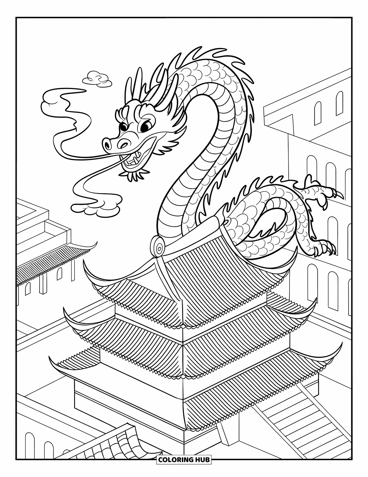 Chinese Dragon Coloring Page for Kids: A Chinese dragon circles a grand palace surrounded by mist and trees