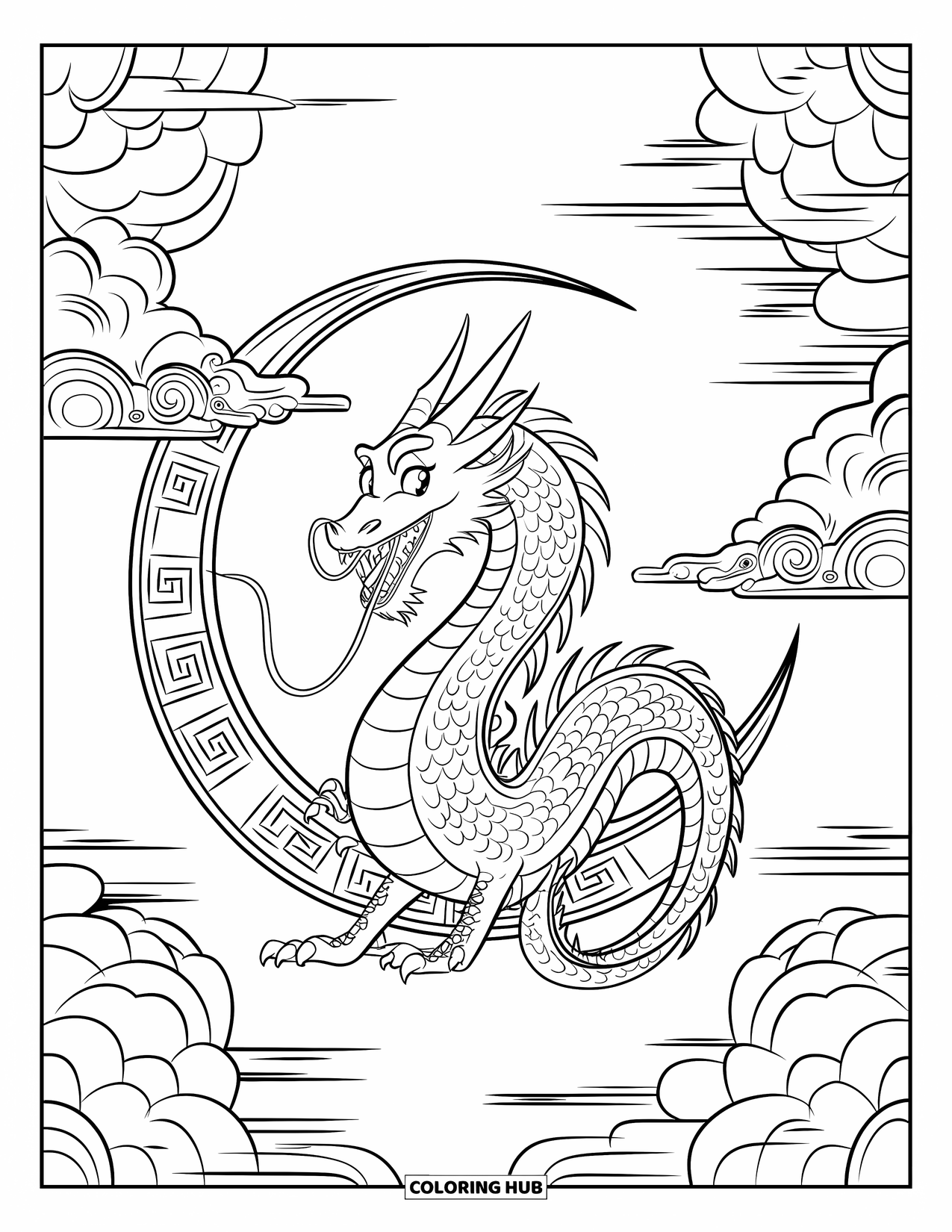 Chinese Dragon Coloring Page for Kids: A Chinese dragon curls around a moon gate amid swirling clouds