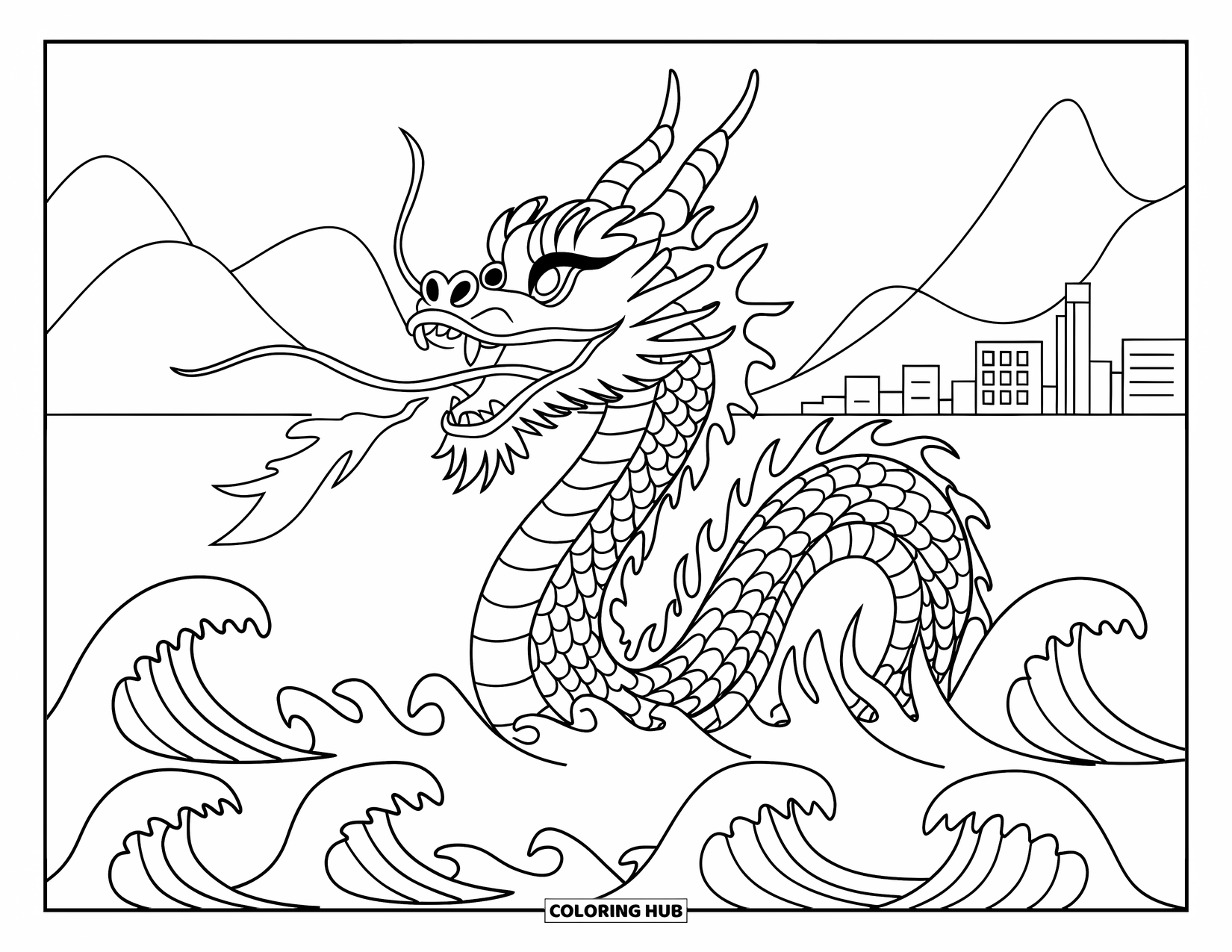 Chinese Dragon Coloring Page for Kids: A Chinese dragon emerges from foamy waves near a mountain city