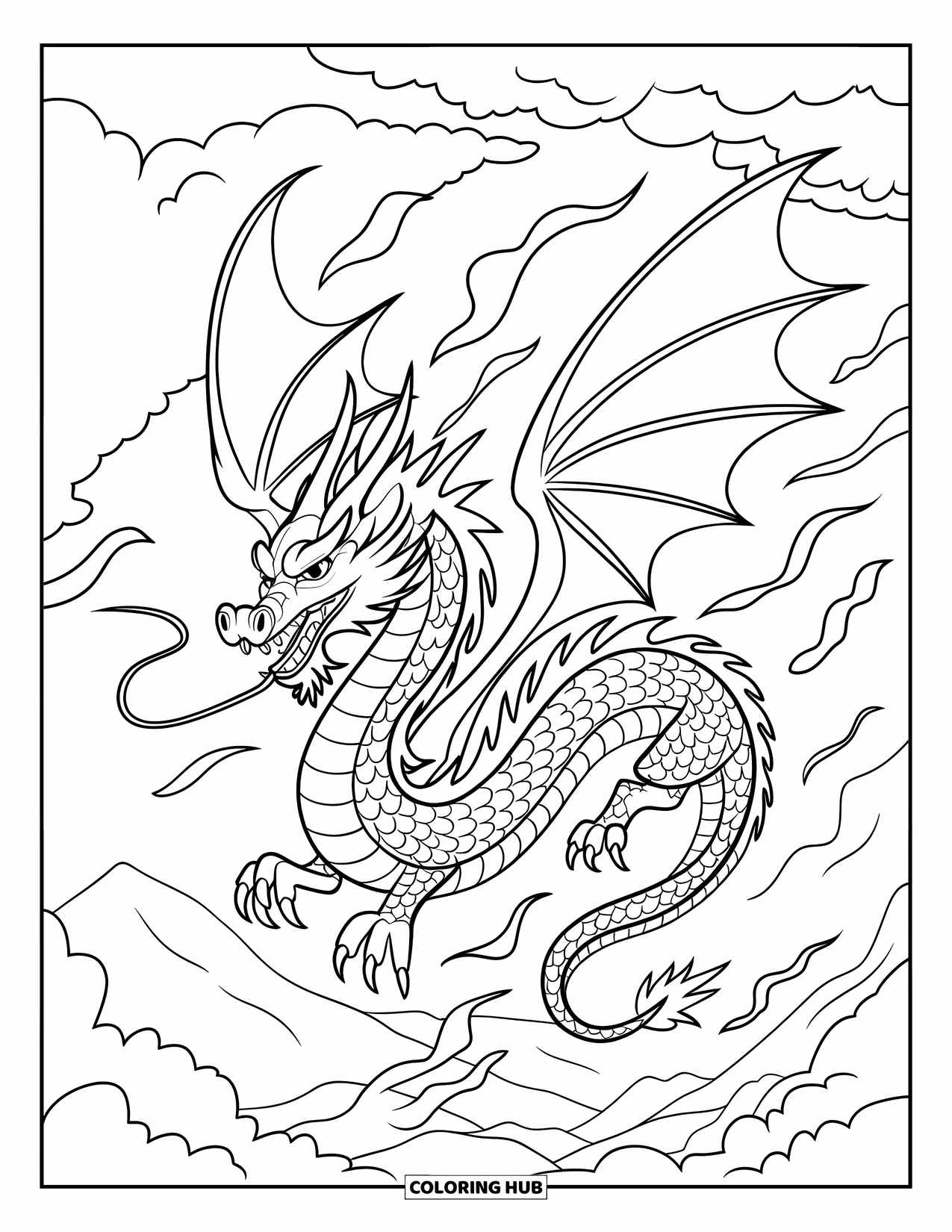Chinese Dragon Coloring Page for Kids: A Chinese dragon flies through swirling wind and roaring flames