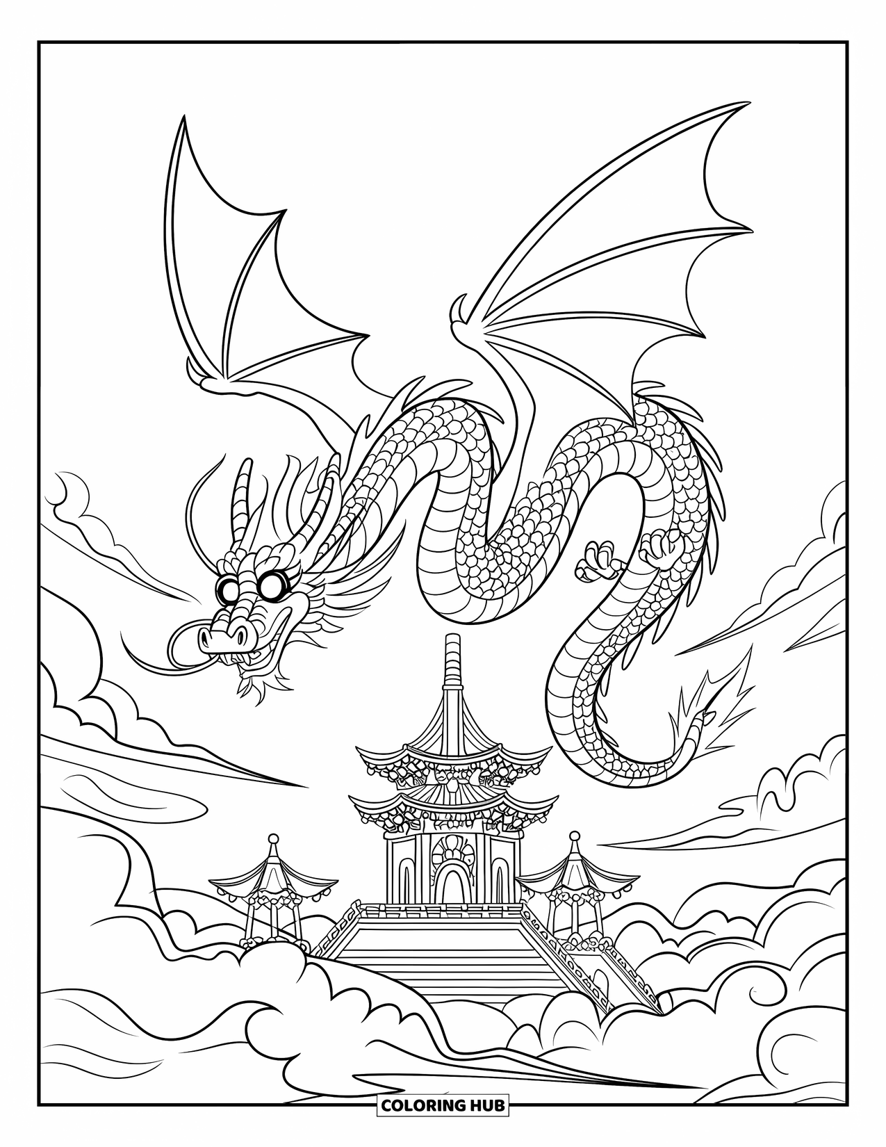 Chinese Dragon Coloring Page for Kids: A Chinese dragon glides over a pagoda surrounded by swirling clouds