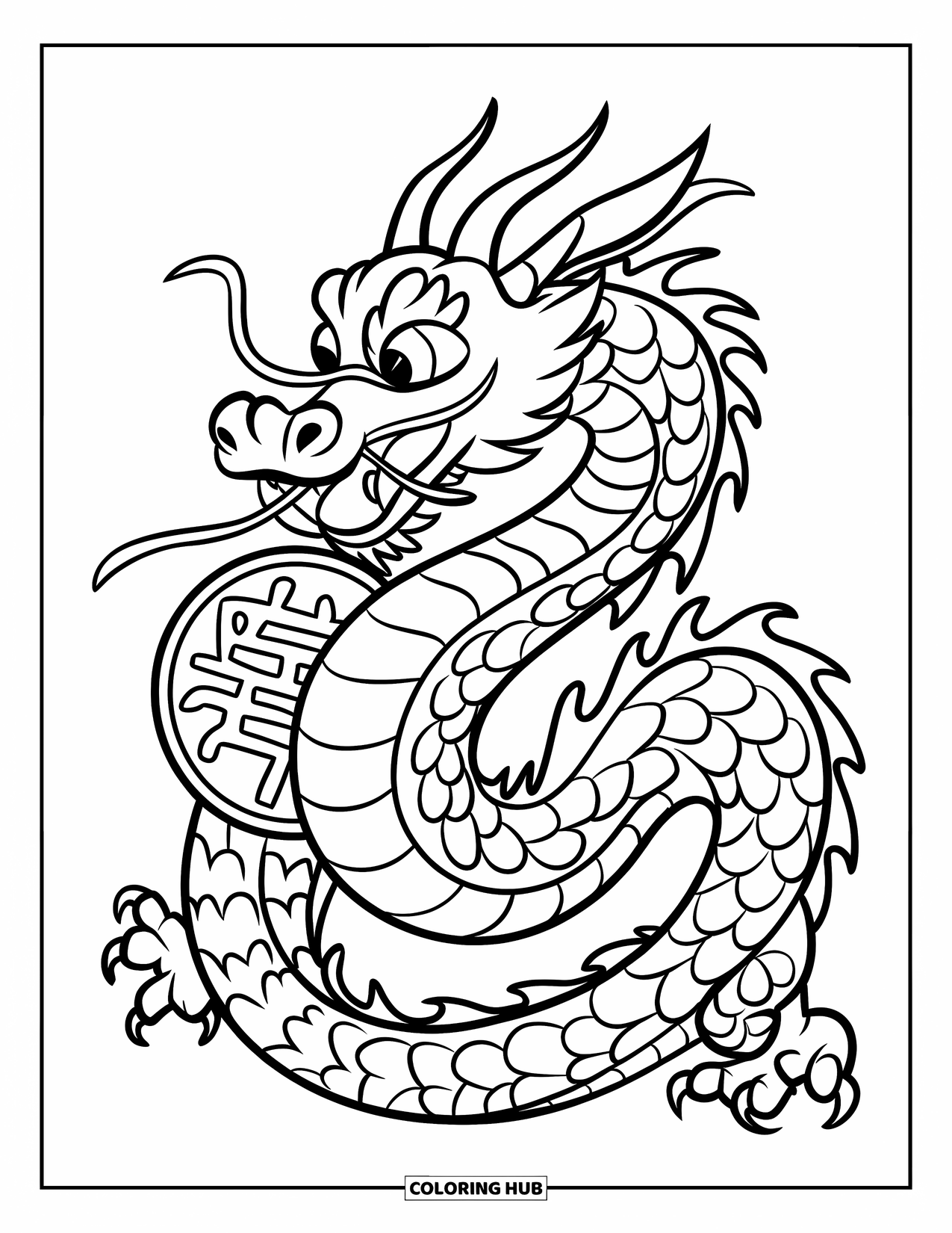 Chinese Dragon Coloring Page for Kids: A Chinese dragon holds a lucky coin near its smiling face