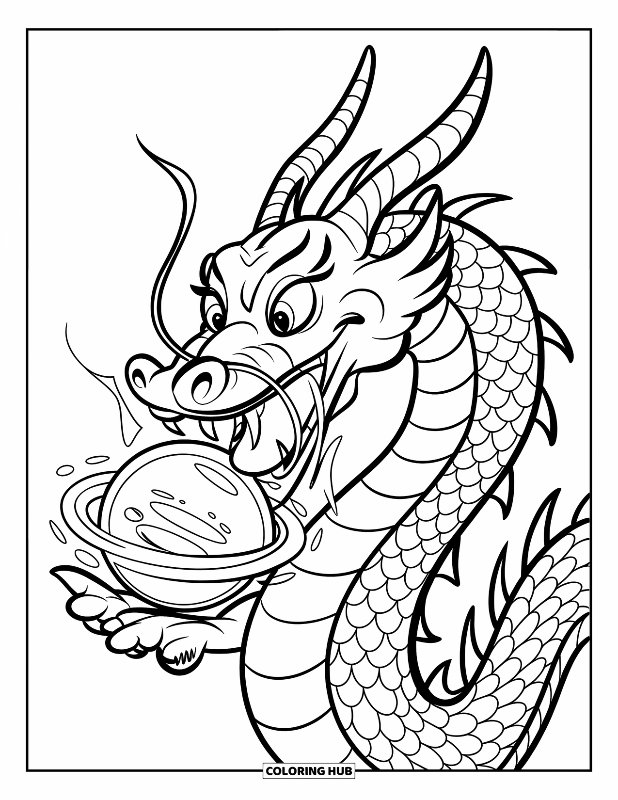 Chinese Dragon Coloring Page for Kids: A Chinese dragon roars while holding a radiant mystical orb