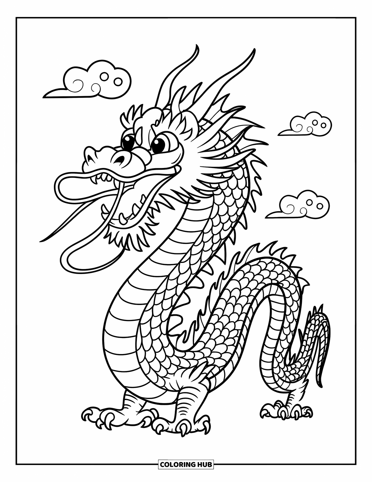 Chinese Dragon Coloring Page for Kids: A Chinese dragon with a long curly body flies through small clouds