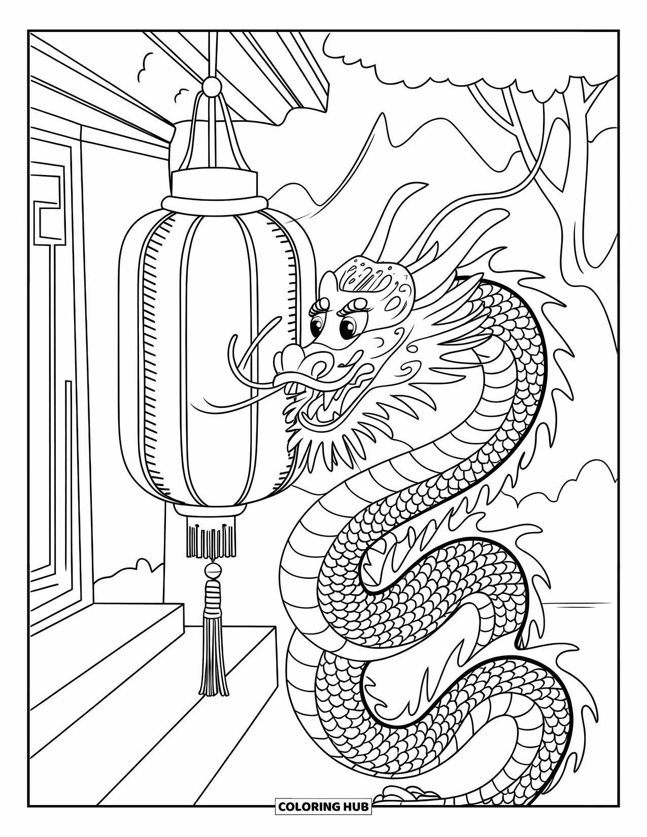Chinese Dragon Coloring Page for Kids: A Chinese dragon wraps around a lantern with tassels and blossoms
