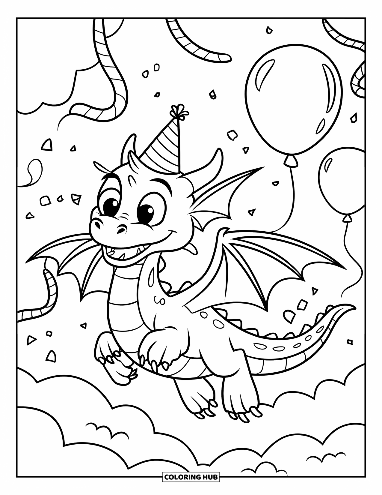 Chinese Dragon Coloring Page for Kids: A cute Chinese dragon with ribbons on its horns flies past balloons