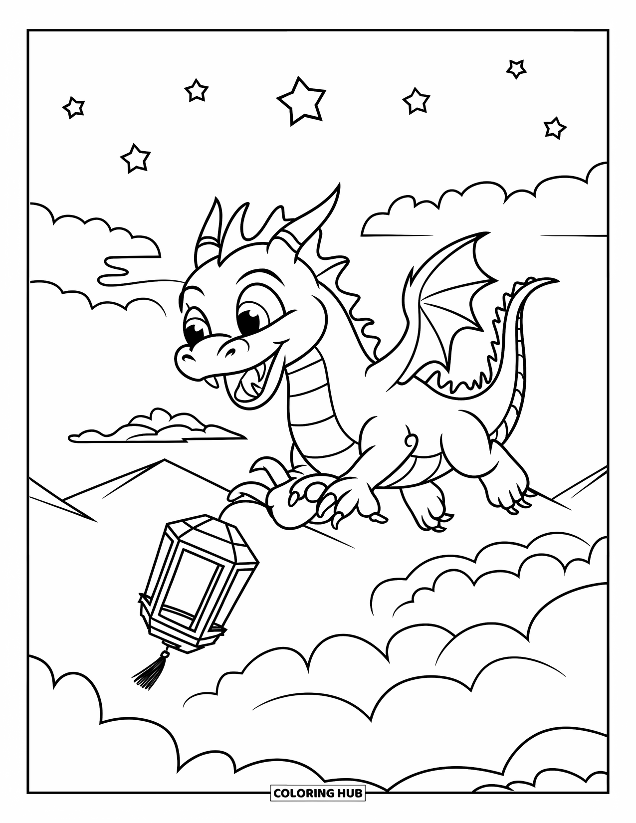 Chinese Dragon Coloring Page for Kids: A happy Chinese dragon flies after a lantern under a starlit sky