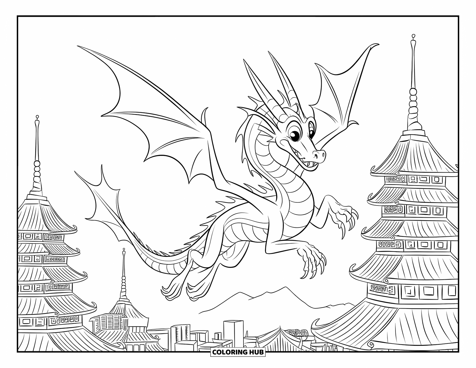 Chinese Dragon Coloring Page for Kids: A long Chinese dragon glides between tall pagodas over a distant city