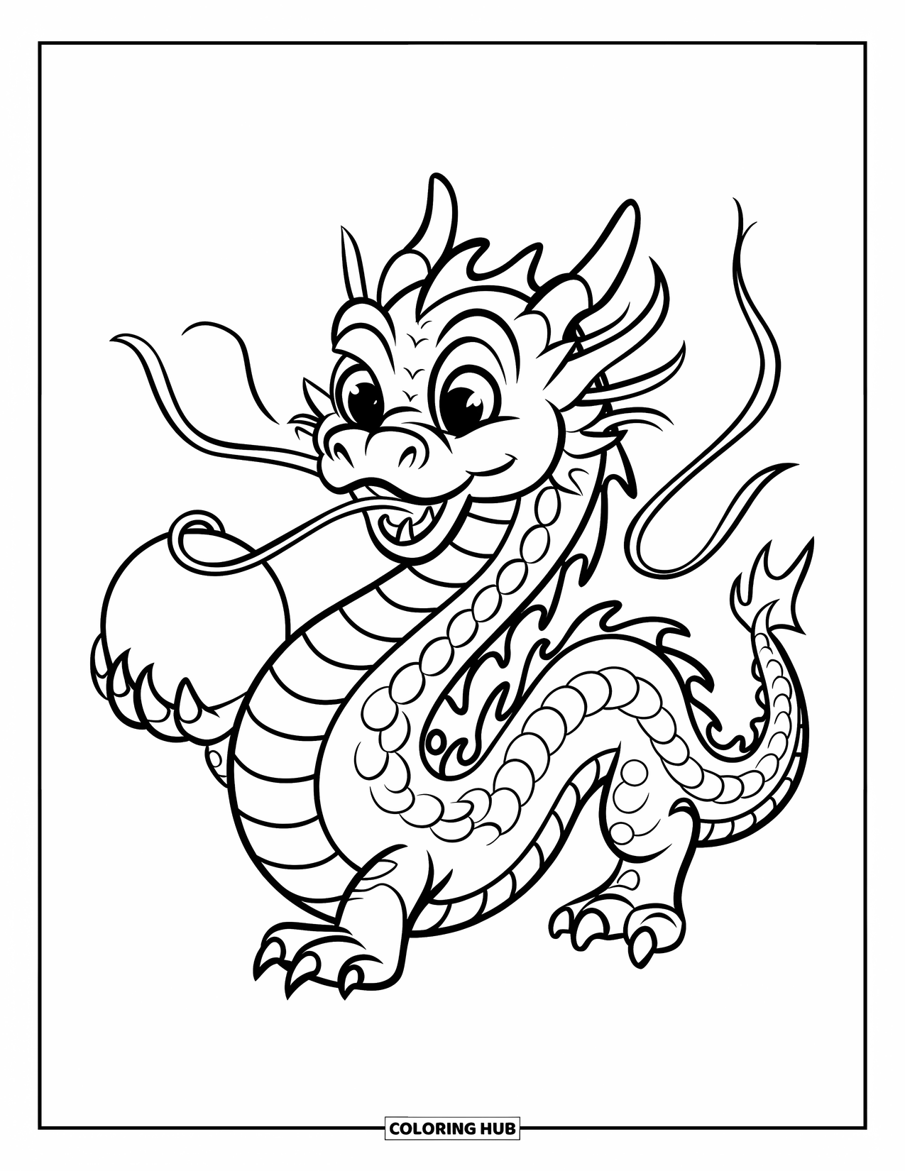 Chinese Dragon Coloring Page for Kids: A playful Chinese dragon holds a shining pearl orb in its claws