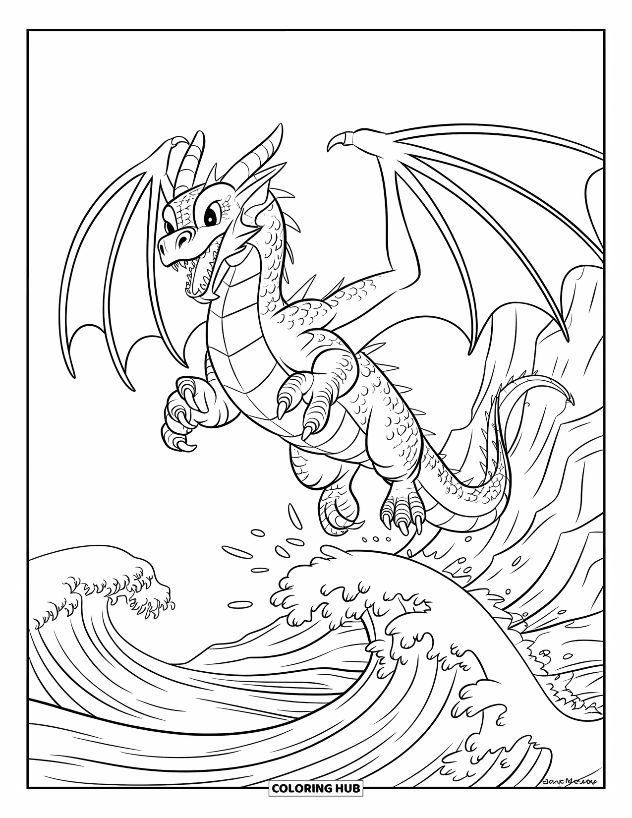 Chinese Dragon Coloring Page for Kids: A powerful Chinese dragon leaps through foamy waves near a cliffside