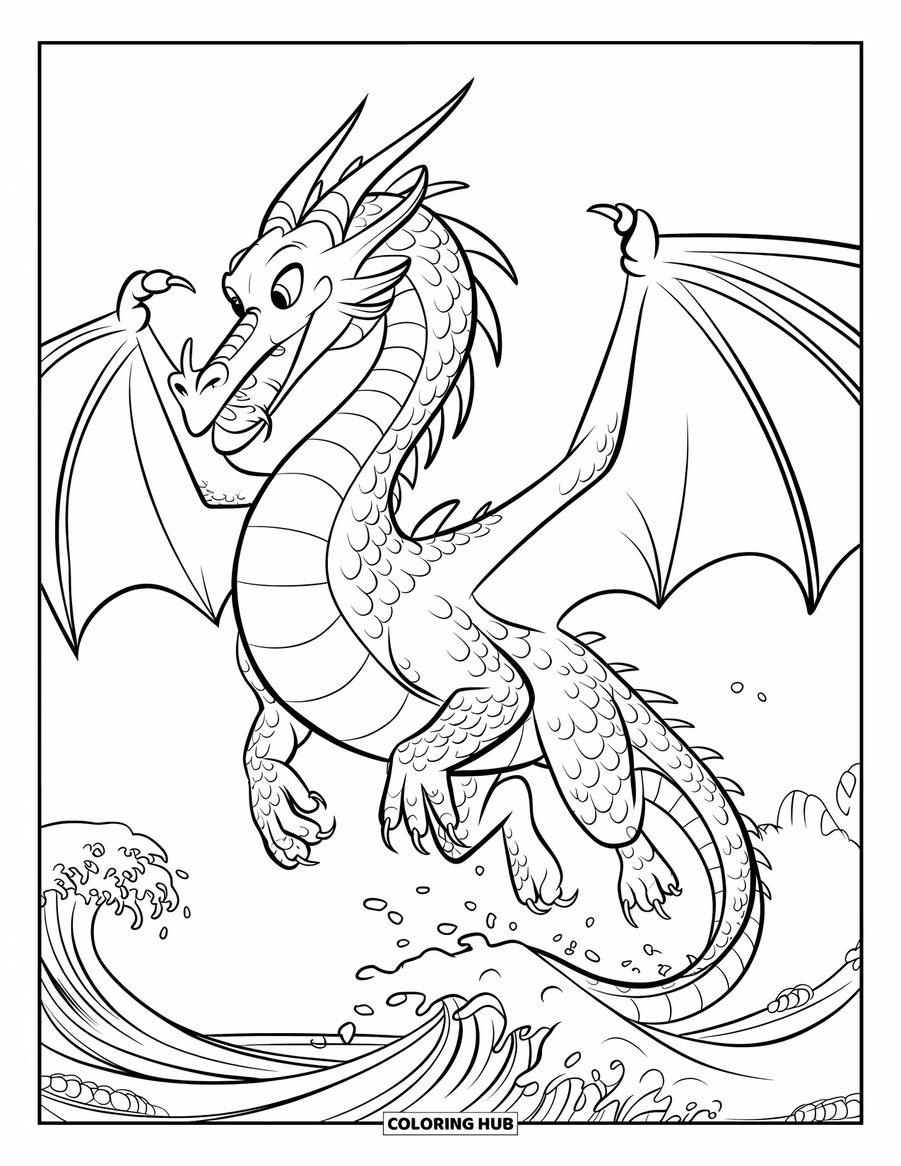 Chinese Dragon Coloring Page for Kids: A sleek Chinese dragon rises above ocean waves and rocky shores