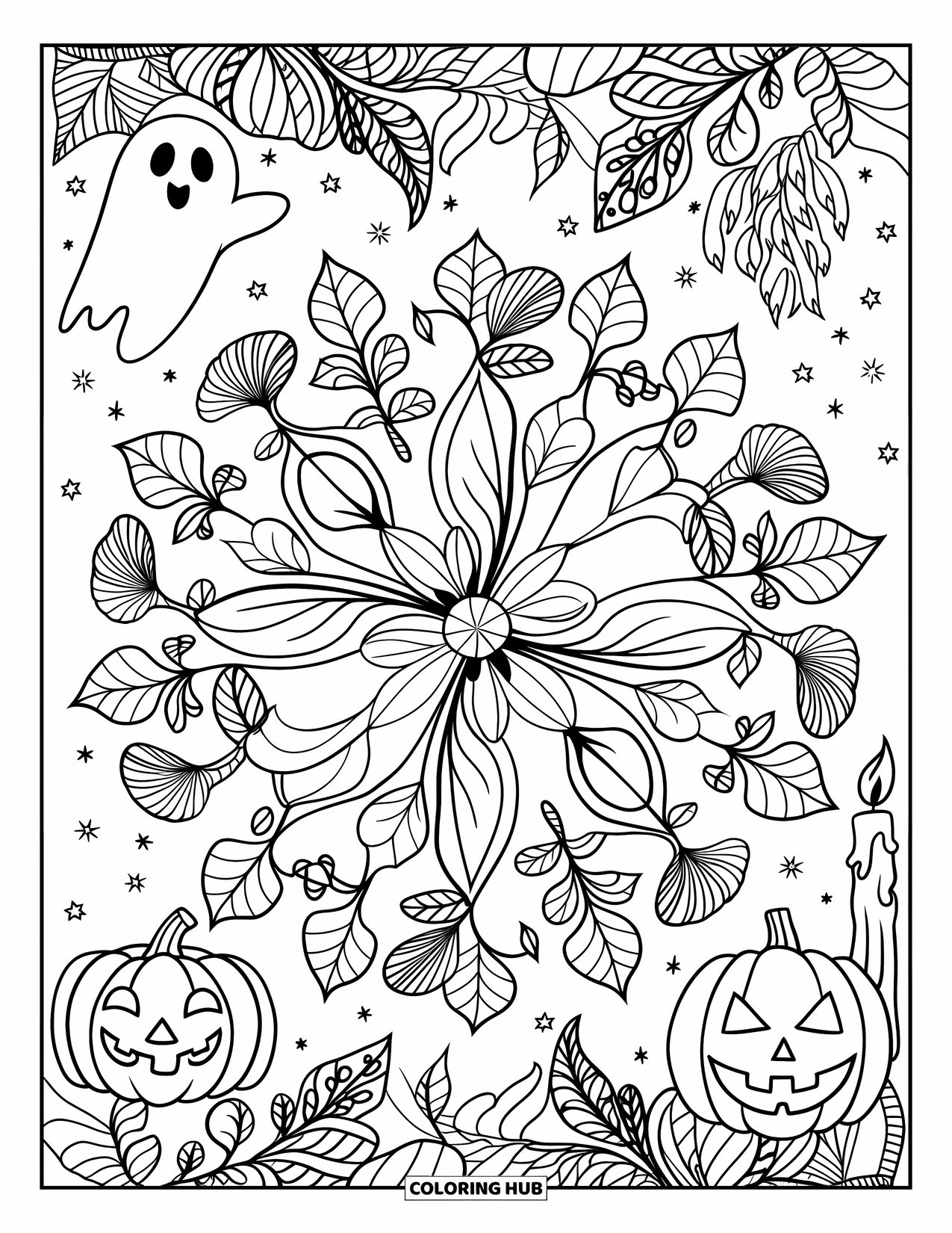 Christian Halloween Coloring Page for Adults: A botanical mandala glows with ghosts, pumpkins, and stars all around