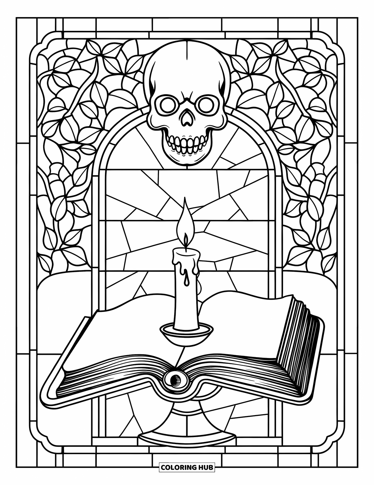 Christian Halloween Coloring Page for Adults: A candle burns on an open Bible beneath a cracked stained glass window