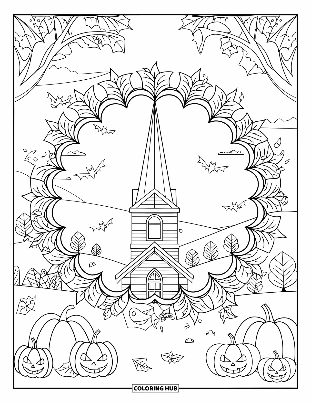 Christian Halloween Coloring Page for Adults: A church steeple glows inside a leaf mandala with pumpkins and ghosts