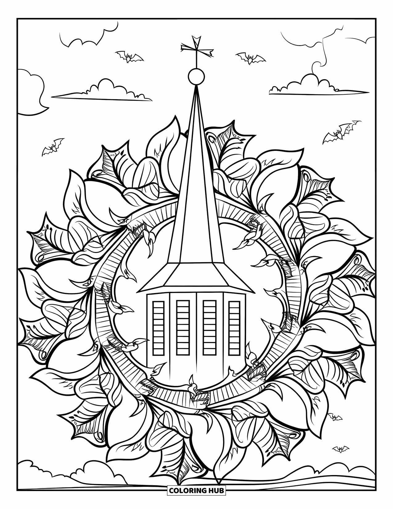 Christian Halloween Coloring Page for Adults: A church steeple stands within a spiral of patterned autumn leaves and bats