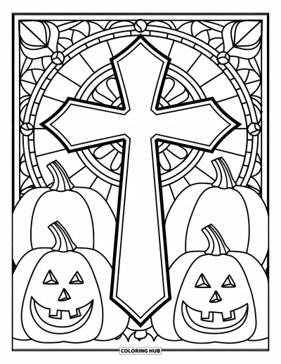Křesťanská halloweenská omalovánka pro dospělé: Vitráž kříž září mezi dýněmi v halloweenské noci