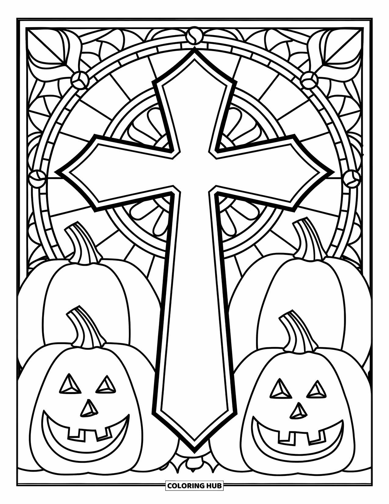 Christian Halloween Coloring Page for Adults: A cross made of stained glass glows among pumpkins on Halloween night