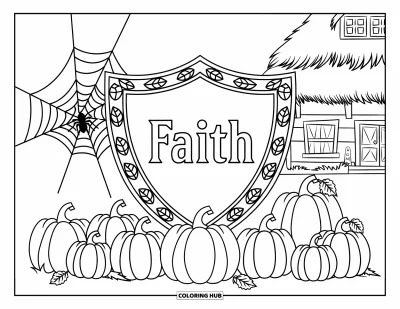 Křesťanská halloweenská omalovánka pro dospělé: Štít s nápisem "Faith" spočívá na dýních vedle pavučiny a strašidelného domu