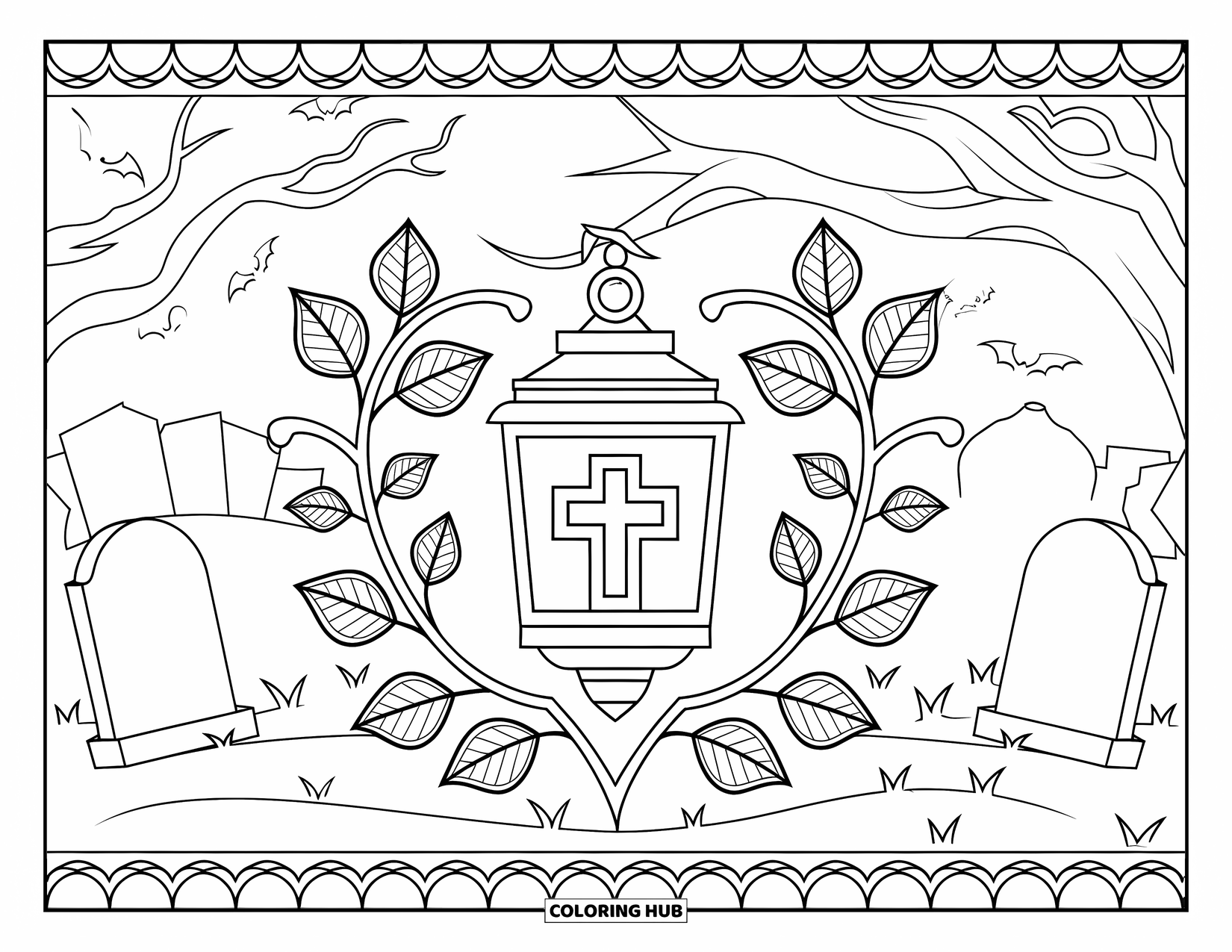 Christian Halloween Coloring Page for Adults: A lantern with a cross hangs from a tree branch surrounded by vines and tombstones