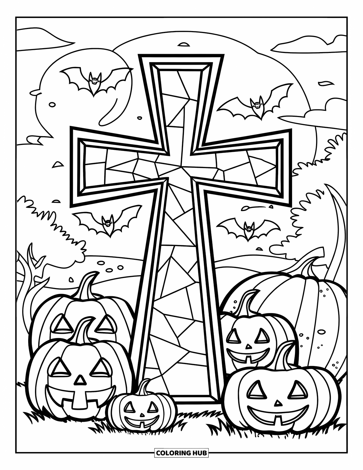 Christian Halloween Coloring Page for Adults: A large stained glass cross rises among pumpkins and flying bats