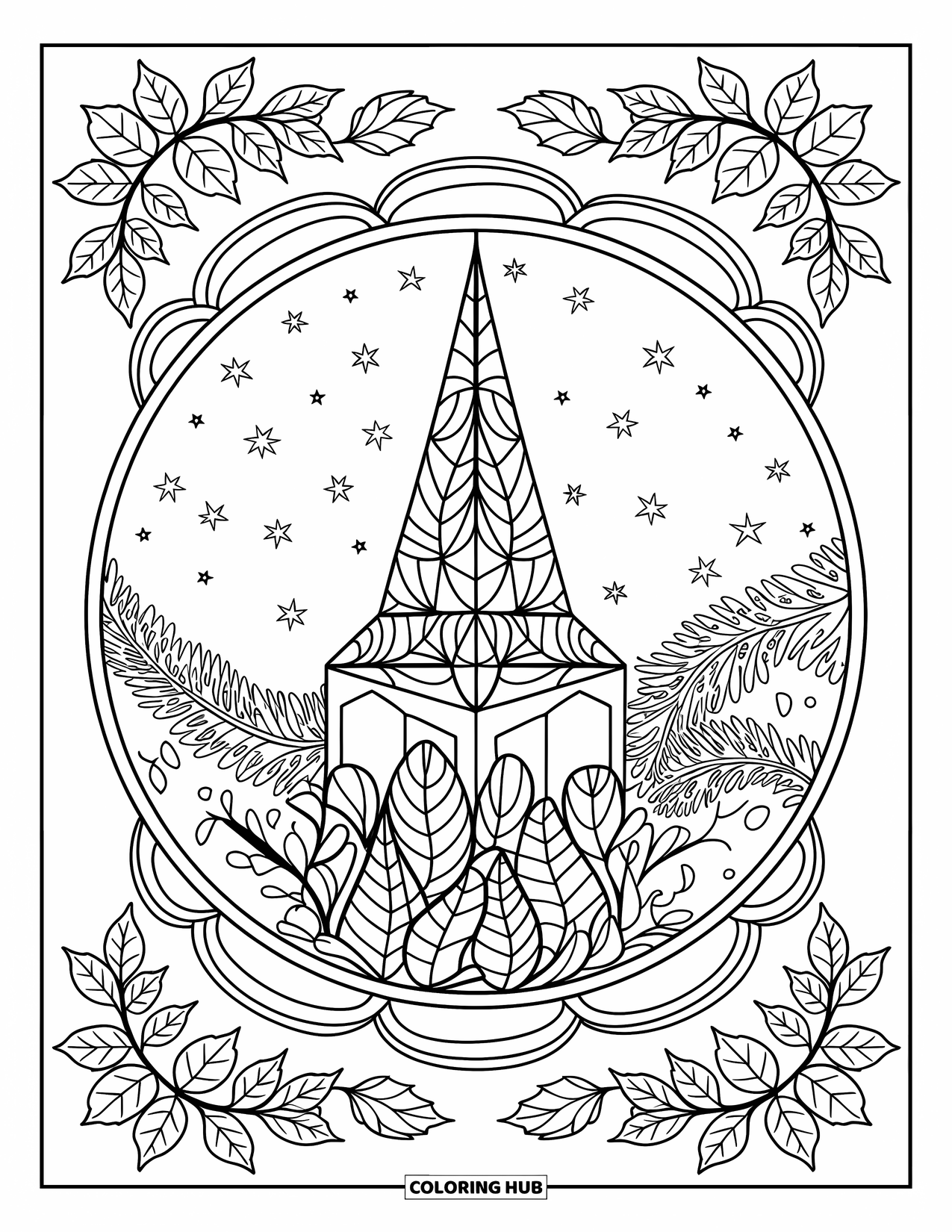 Christian Halloween Coloring Page for Adults: A mandala of fall leaves forms a church steeple under a starry sky