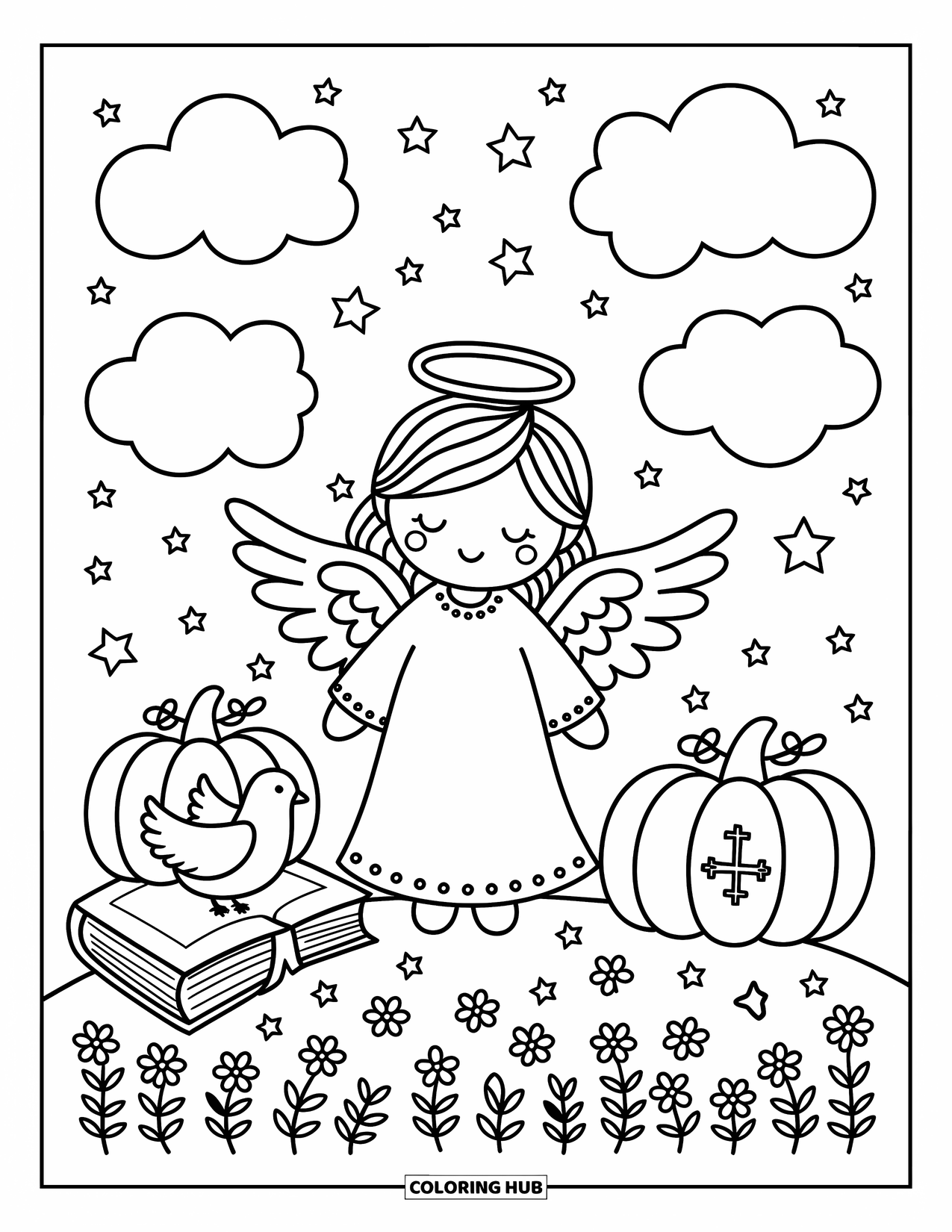 Christian Halloween Coloring Page for Adults: An angel stands beside a dove and Bible on a peaceful grassy hill