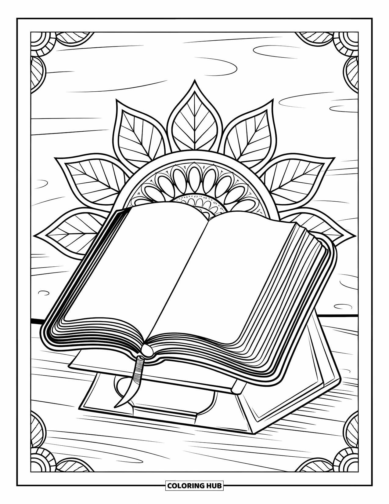 Christian Halloween Coloring Page for Adults: An open Bible rests among fall leaves arranged in a mandala pattern