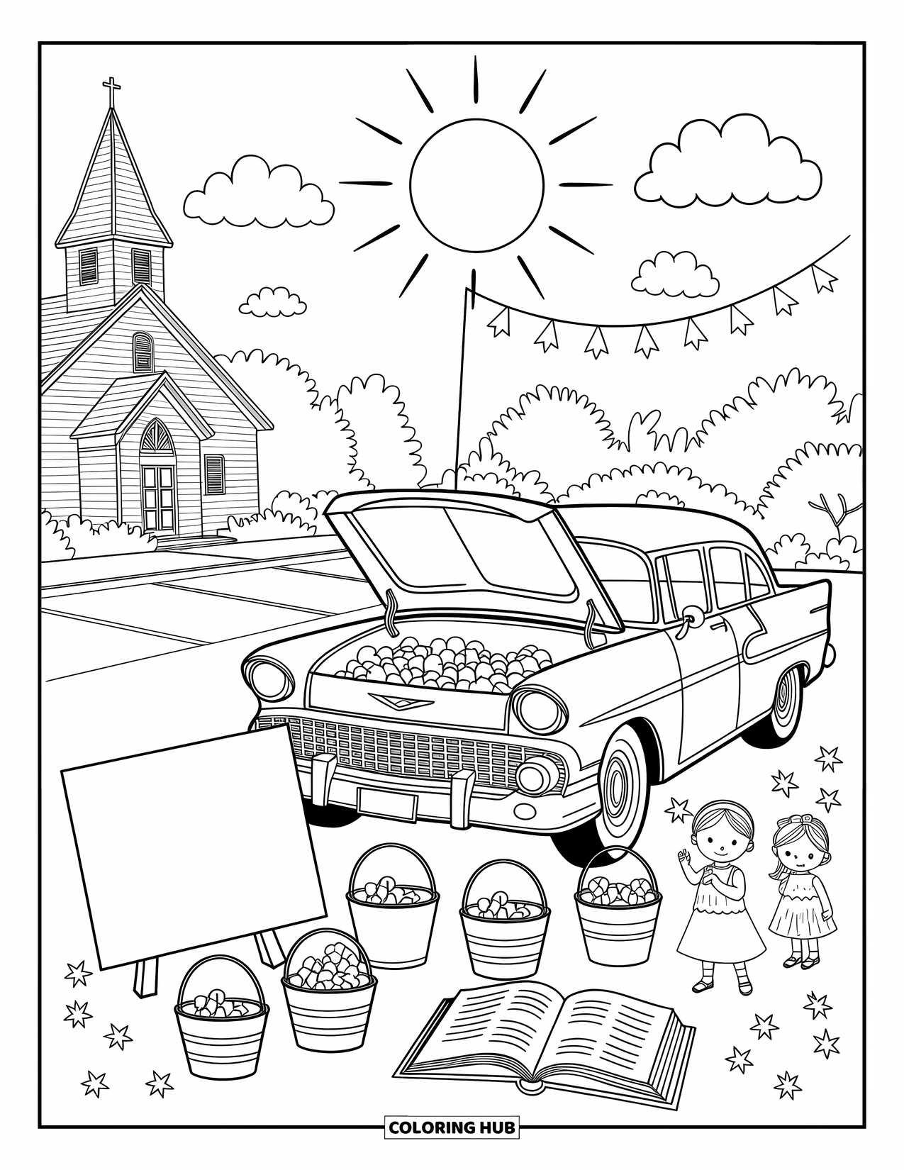 Christian Halloween Coloring Page for Adults: Children in costumes gather around a car filled with candy and Bible books