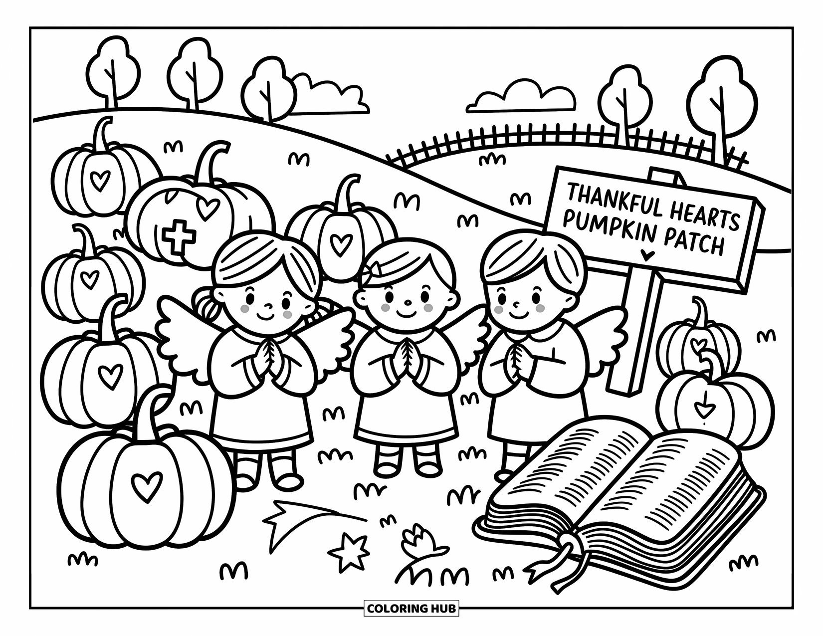 Christian Halloween Coloring Page for Adults: Children pray in a pumpkin patch surrounded by pumpkins carved with hearts and crosses