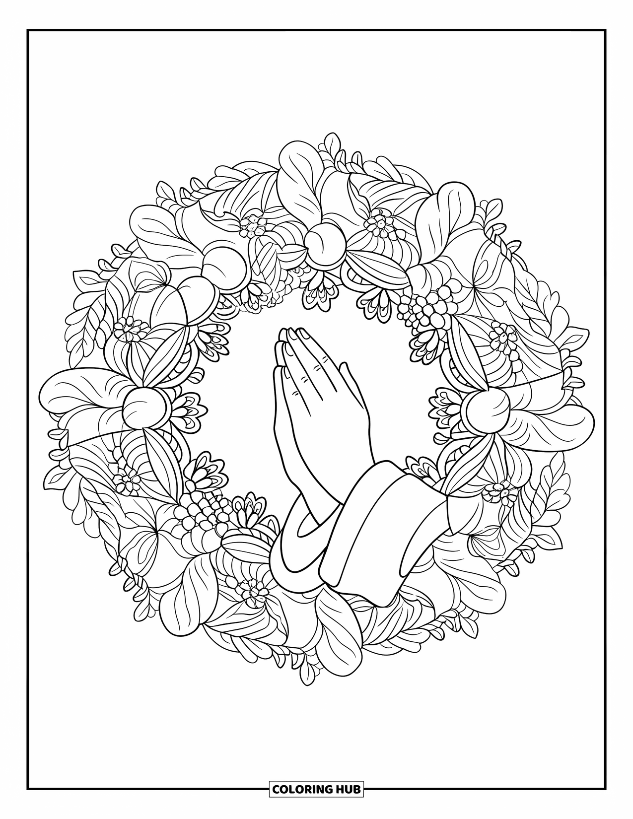 Christian Halloween Coloring Page for Adults: Praying hands rest at the center of a floral mandala of vines and leaves