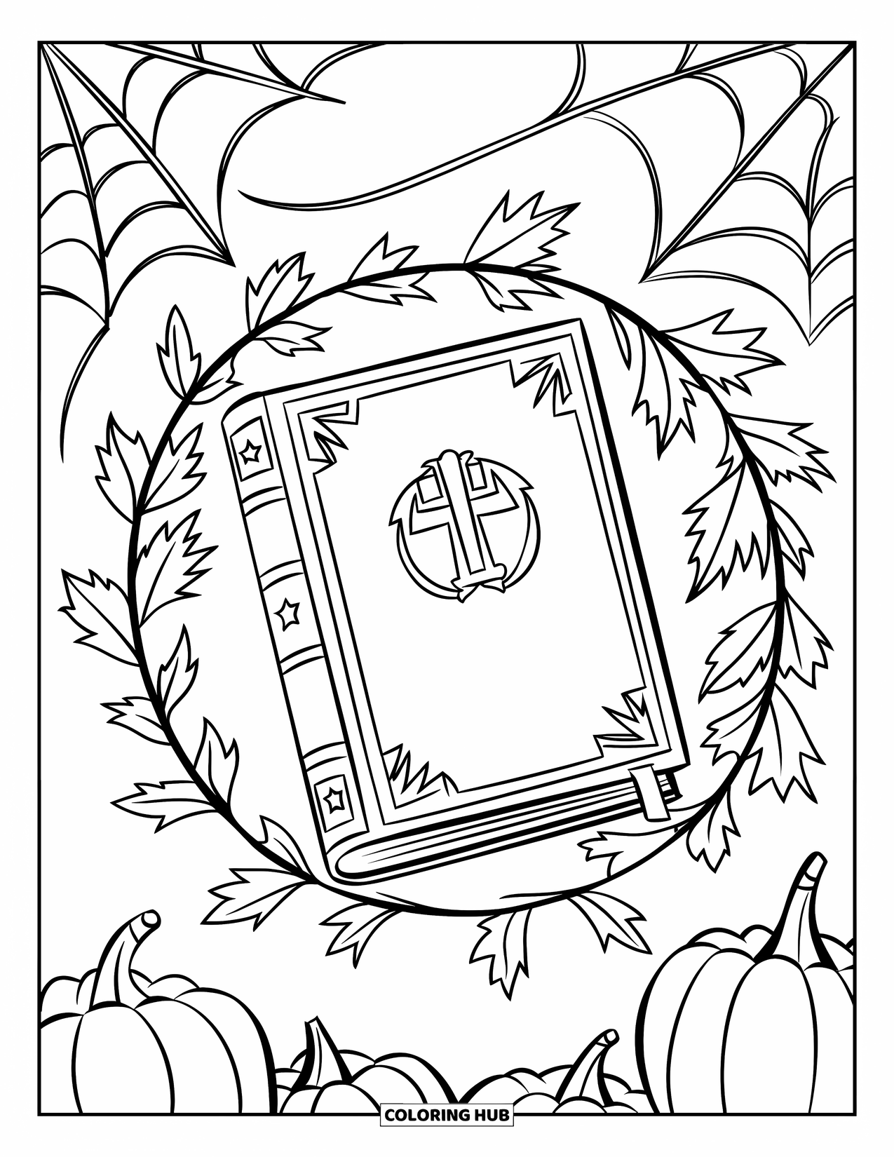 Christian Halloween Coloring Page for Kids: A Bible glows among pumpkins and fall leaves on a hay bale