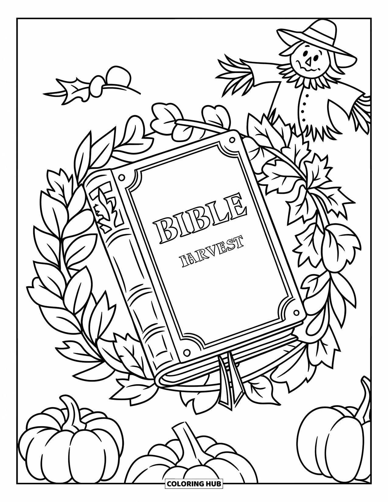 Christian Halloween Coloring Page for Kids: A Bible rests inside a harvest wreath with pumpkins and leaves