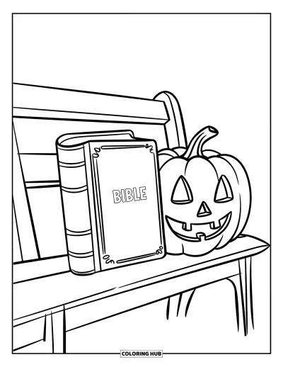Křesťanská halloweenská omalovánka pro děti: Bible sedí vedle dýně na dřevěné lavičce v noci