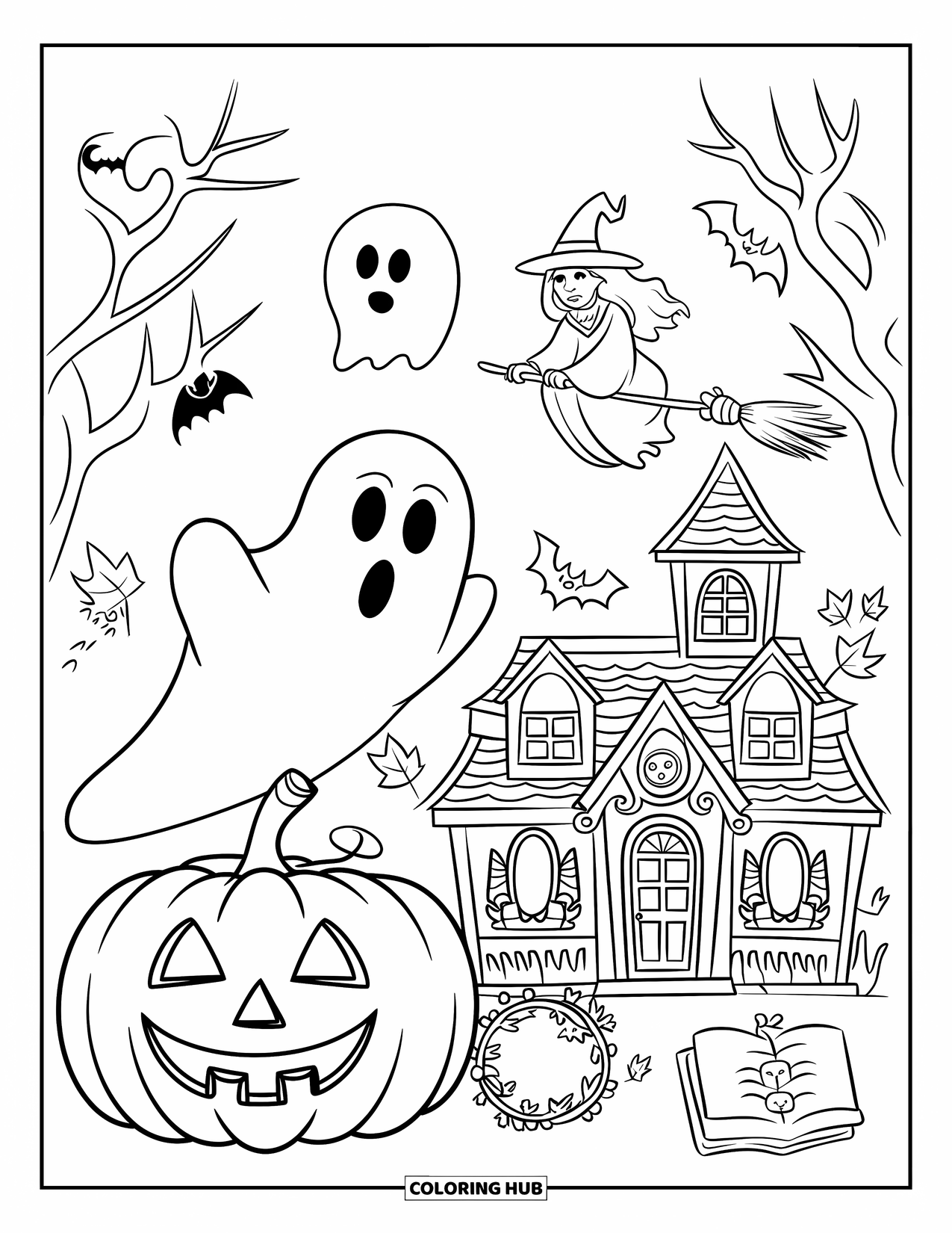 Christian Halloween Coloring Page for Kids: A Bible sits in a harvest wreath near pumpkins and a scarecrow