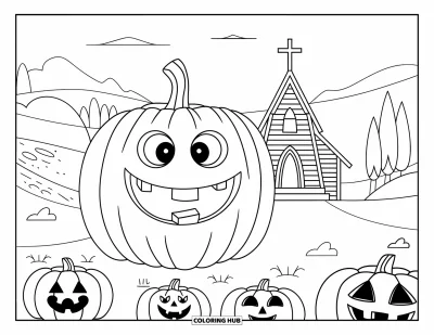 Křesťanská halloweenská omalovánka pro děti: Veselá dýňová lucerna září u kostelní cesty