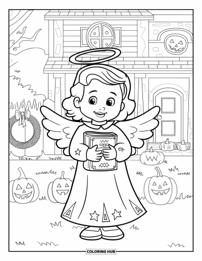Křesťanská halloweenská omalovánka pro děti: Dítě převlečené za anděla drží Bibli pod zářícími hvězdami