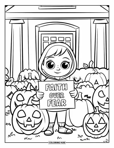 Křesťanská halloweenská omalovánka pro děti: Teplo oblečené dítě drží ceduli "Faith Over Fear" u domu