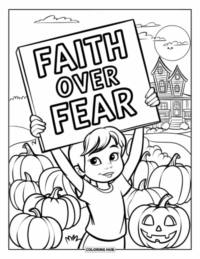 Křesťanská halloweenská omalovánka pro děti: Dítě stojí mezi dýněmi a drží ceduli s nápisem "Faith Over Fear"