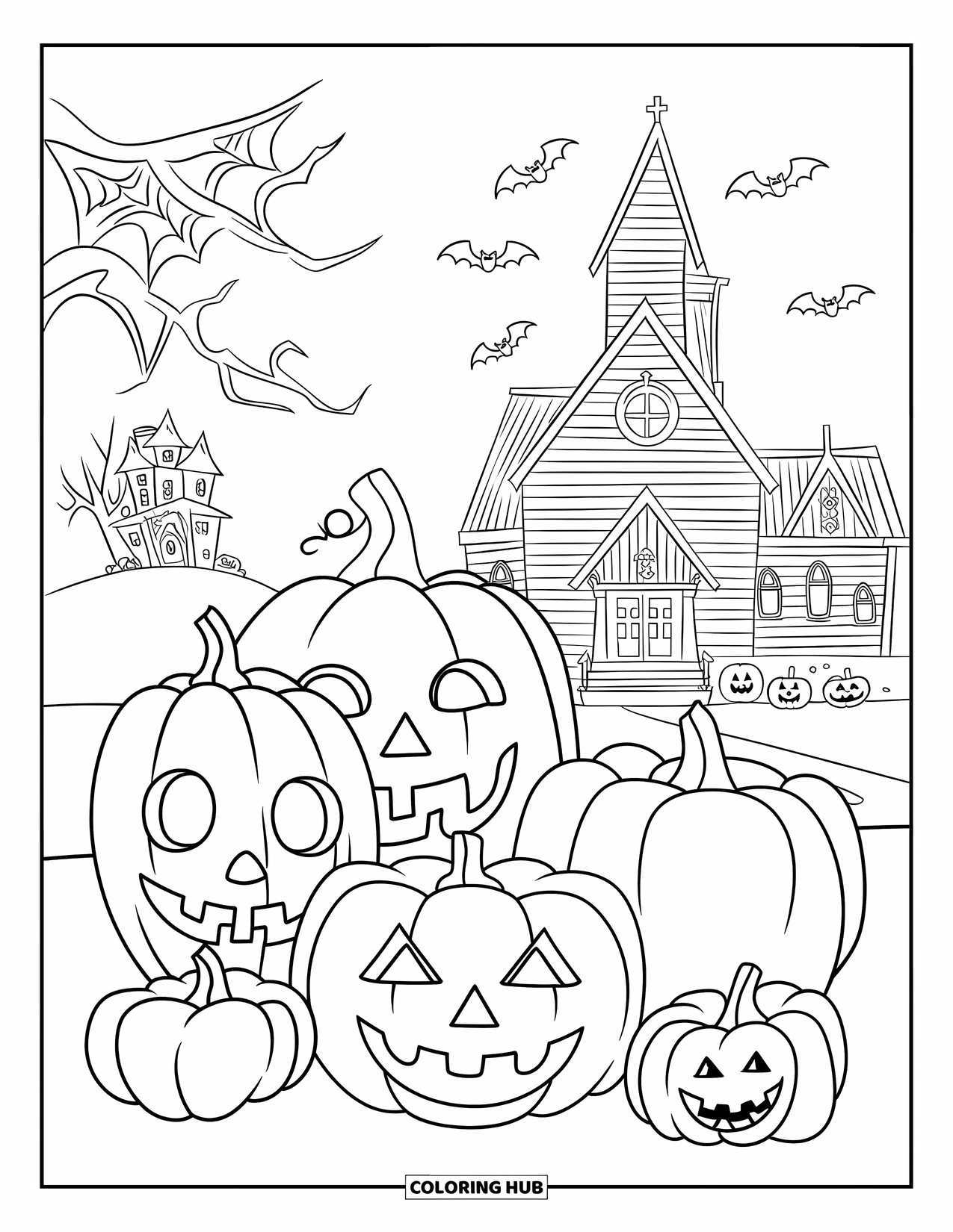 Christian Halloween Coloring Page for Kids: A church stands among pumpkins with bats flying overhead