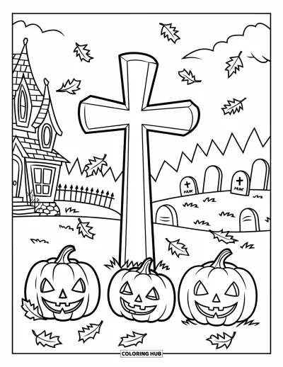 Křesťanská halloweenská omalovánka pro děti: Kříž jemně září nad dýněmi a listím v halloweenské noci