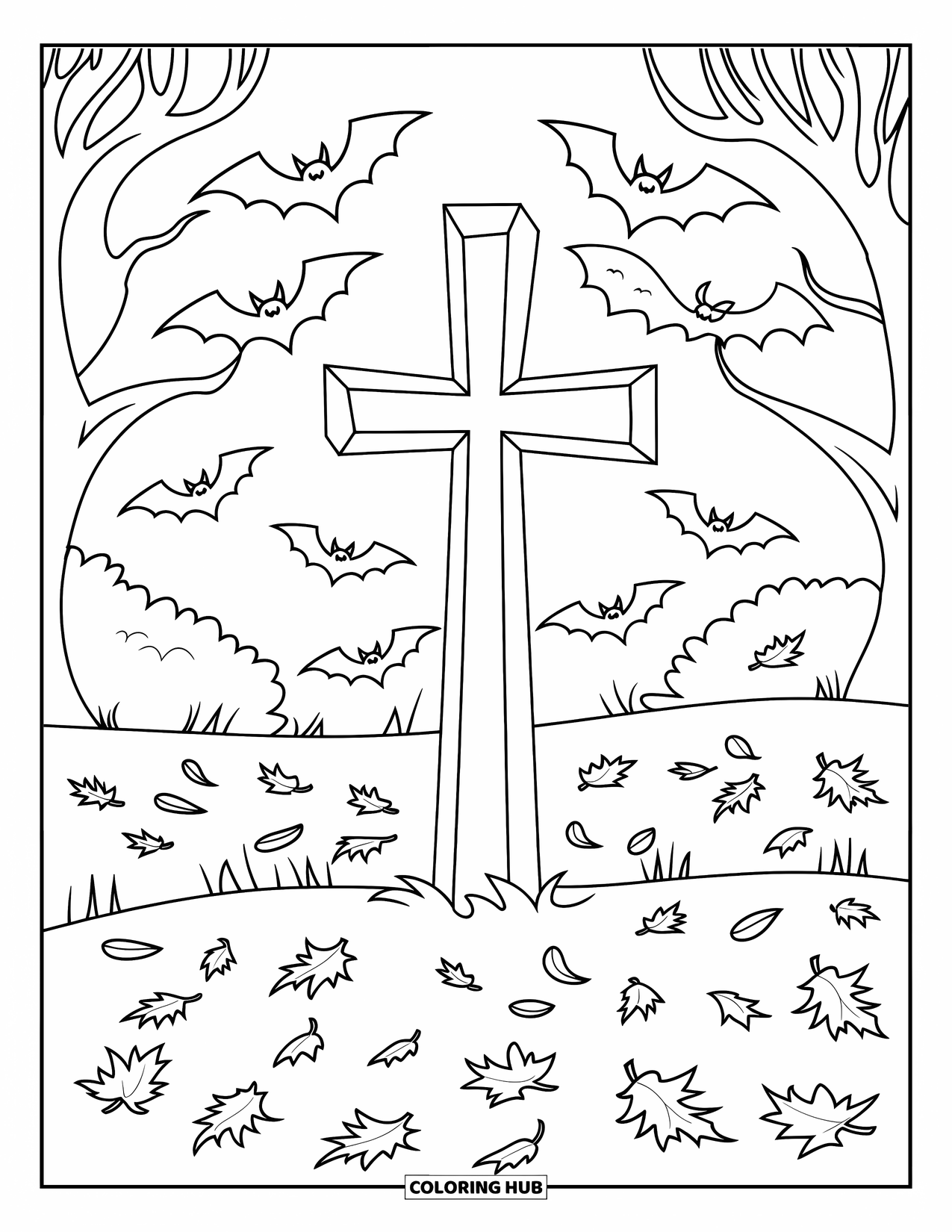 Christian Halloween Coloring Page for Kids: A cross stands alone in a leaf-filled Halloween meadow