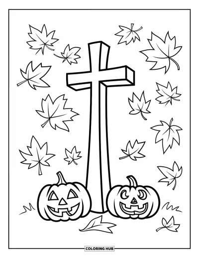 Křesťanská halloweenská omalovánka pro děti: Kříž hrdě stojí na louce barevného padajícího listí
