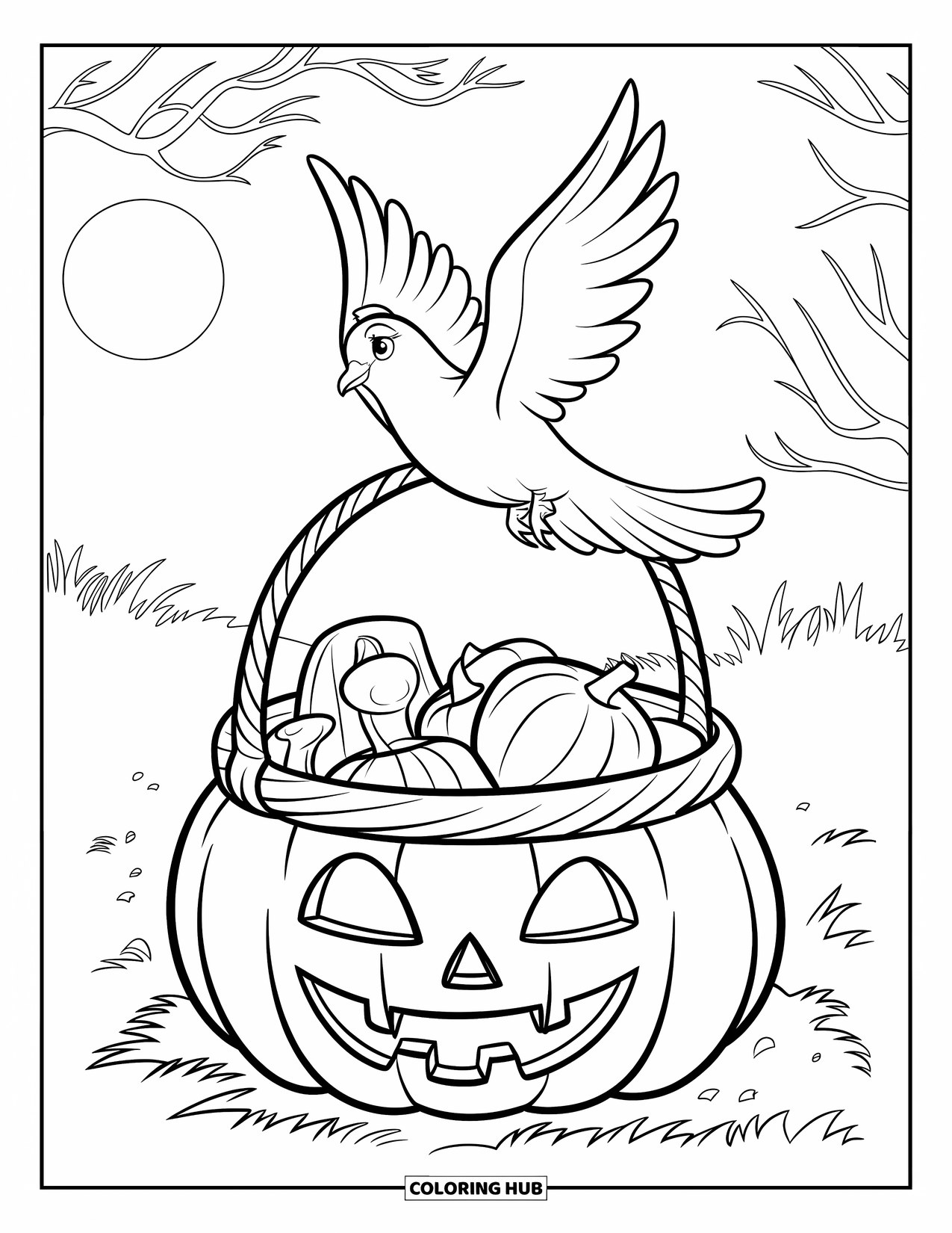 Christian Halloween Coloring Page for Kids: A dove flies above a treat basket on Halloween night