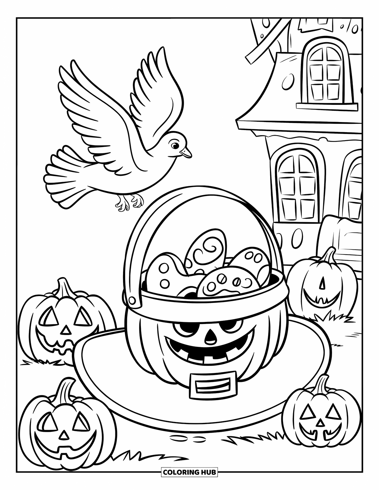 Christian Halloween Coloring Page for Kids: A dove flies above a treat basket with smiling pumpkins below