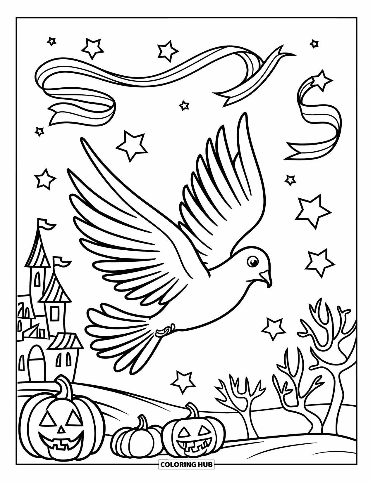 Christian Halloween Coloring Page for Kids: A dove flies over ribbons and pumpkins beneath a bright moon
